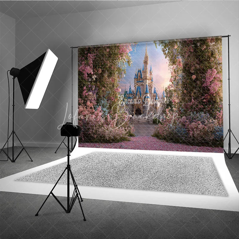 Lofaris Enchanted Fairy Tale Castle Photography Backdrop with Pink Floral Archway and Petal Path Dreamy Princess Party Decor