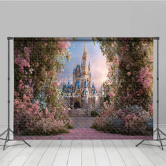 Lofaris Enchanted Fairy Tale Castle Photography Backdrop with Pink Floral Archway and Petal Path Dreamy Princess Party Decor