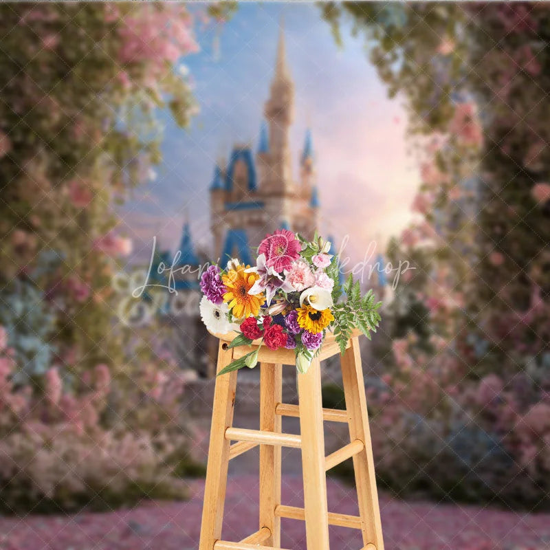 Lofaris Enchanted Fairy Tale Castle Photography Backdrop with Pink Floral Archway and Petal Path Dreamy Princess Party Decor