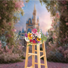 Lofaris Enchanted Fairy Tale Castle Photography Backdrop with Pink Floral Archway and Petal Path Dreamy Princess Party Decor