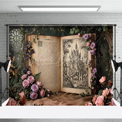 Lofaris Enchanted Fairytale Castle Illustration Open Book Photography Backdrop Vintage Rose and Ivy Garden Scene.