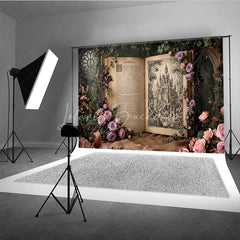 Lofaris Enchanted Fairytale Castle Illustration Open Book Photography Backdrop Vintage Rose and Ivy Garden Scene.