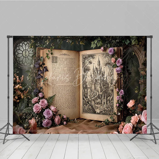 Lofaris Enchanted Fairytale Castle Illustration Open Book Photography Backdrop Vintage Rose and Ivy Garden Scene.