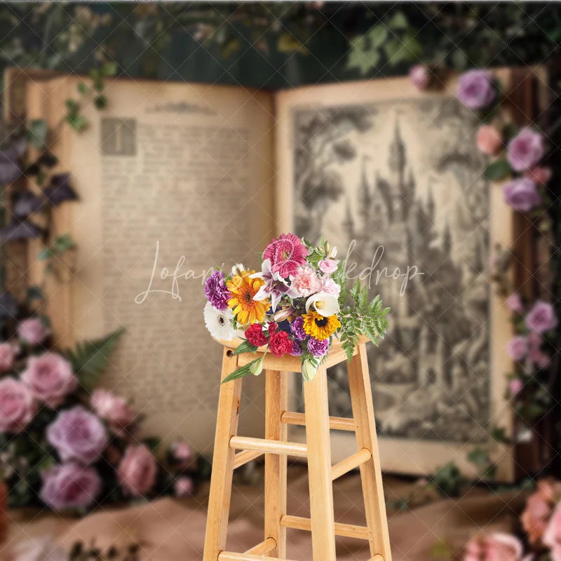 Lofaris Enchanted Fairytale Castle Illustration Open Book Photography Backdrop Vintage Rose and Ivy Garden Scene.