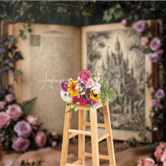 Lofaris Enchanted Fairytale Castle Illustration Open Book Photography Backdrop Vintage Rose and Ivy Garden Scene.
