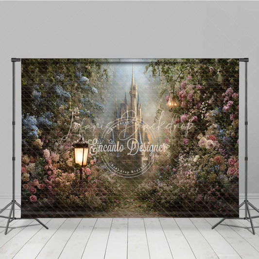 Lofaris Enchanted Fairytale Castle Photography Backdrop Blooming Flowers and Vintage Street Lamp Decor