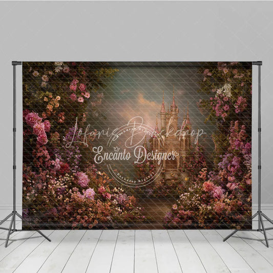 Lofaris Enchanted Fairytale Castle Photography Backdrop Lush Pink and Purple Floral Garden for Romantic Portraits