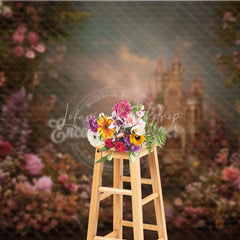 Lofaris Enchanted Fairytale Castle Photography Backdrop Lush Pink and Purple Floral Garden for Romantic Portraits