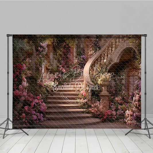 Lofaris Enchanted Fairytale Staircase Photography Backdrop with Blooming Pink and Purple Flowers Romantic Garden Archways
