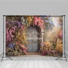 Lofaris Enchanted Floral Door Photography Backdrop Blue Wooden with Colorful Flowers Fairytale Garden Background