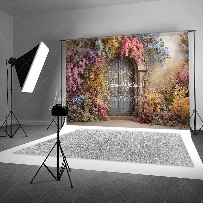 Lofaris Enchanted Floral Door Photography Backdrop Blue Wooden with Colorful Flowers Fairytale Garden Background