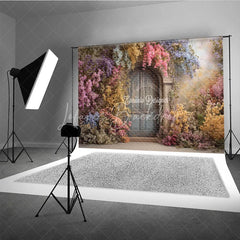 Lofaris Enchanted Floral Door Photography Backdrop Blue Wooden with Colorful Flowers Fairytale Garden Background