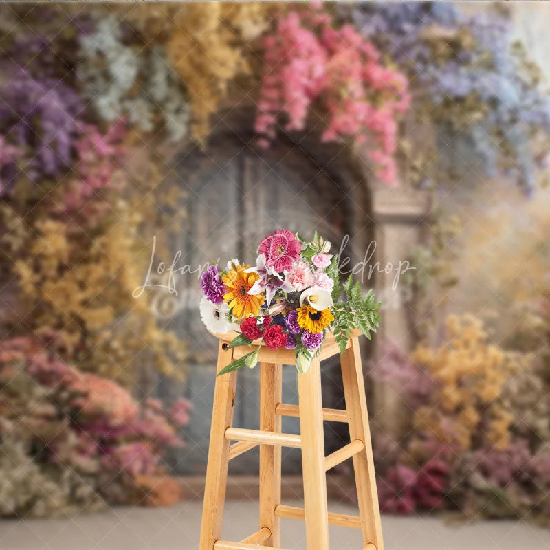 Lofaris Enchanted Floral Door Photography Backdrop Blue Wooden with Colorful Flowers Fairytale Garden Background