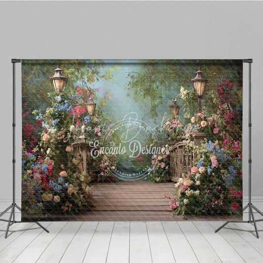 Lofaris Enchanted Floral Garden Path Photography Backdrop Wooden Bridge and Elegant Street Lamps for Photoshoot
