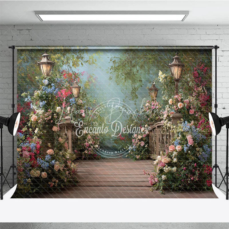 Lofaris Enchanted Floral Garden Path Photography Backdrop Wooden Bridge and Elegant Street Lamps for Photoshoot