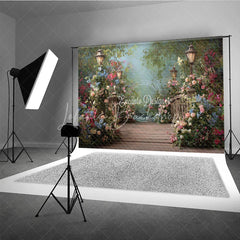 Lofaris Enchanted Floral Garden Path Photography Backdrop Wooden Bridge and Elegant Street Lamps for Photoshoot