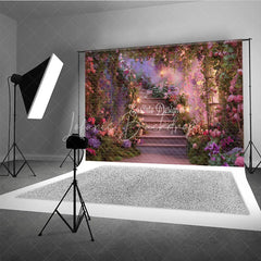 Lofaris Enchanted Floral Garden Photography Backdrop Romantic Staircase with Pink and Purple Flowers