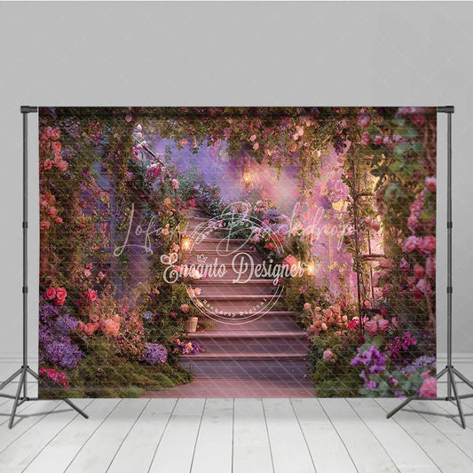 Lofaris Enchanted Floral Garden Photography Backdrop Romantic Staircase with Pink and Purple Flowers