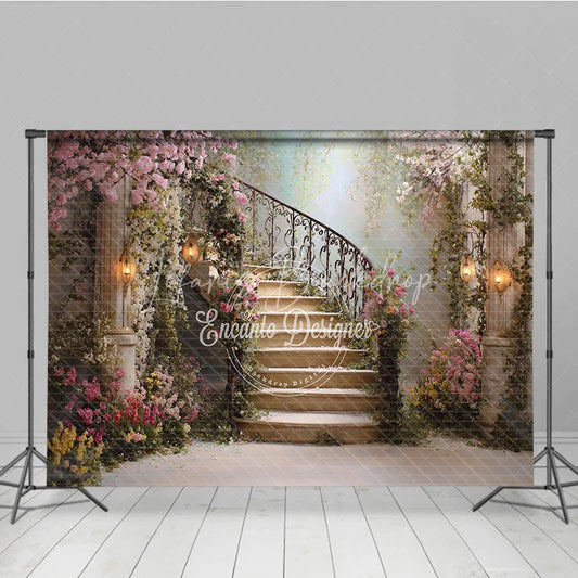 Lofaris Enchanted Floral Garden Spiral Staircase Photography Backdrop Romantic Fairytale Wedding Party Decor