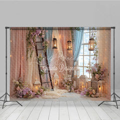 Lofaris Enchanted Floral Ladder and Lantern Window Photography Backdrop Pastel Pink Blue Sheer Curtain Scene for Weddings