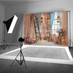 Lofaris Enchanted Floral Ladder and Lantern Window Photography Backdrop Pastel Pink Blue Sheer Curtain Scene for Weddings