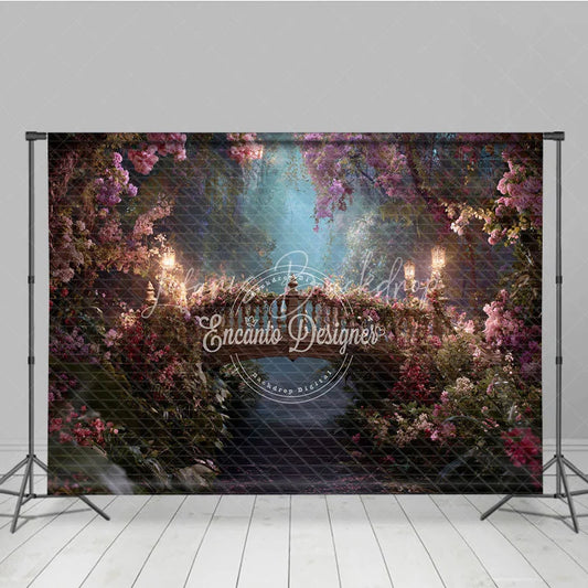 Lofaris Enchanted Forest Floral Bridge Photography Backdrop with Glowing Lanterns Dreamy Misty Path for Fairy Tale Portraits