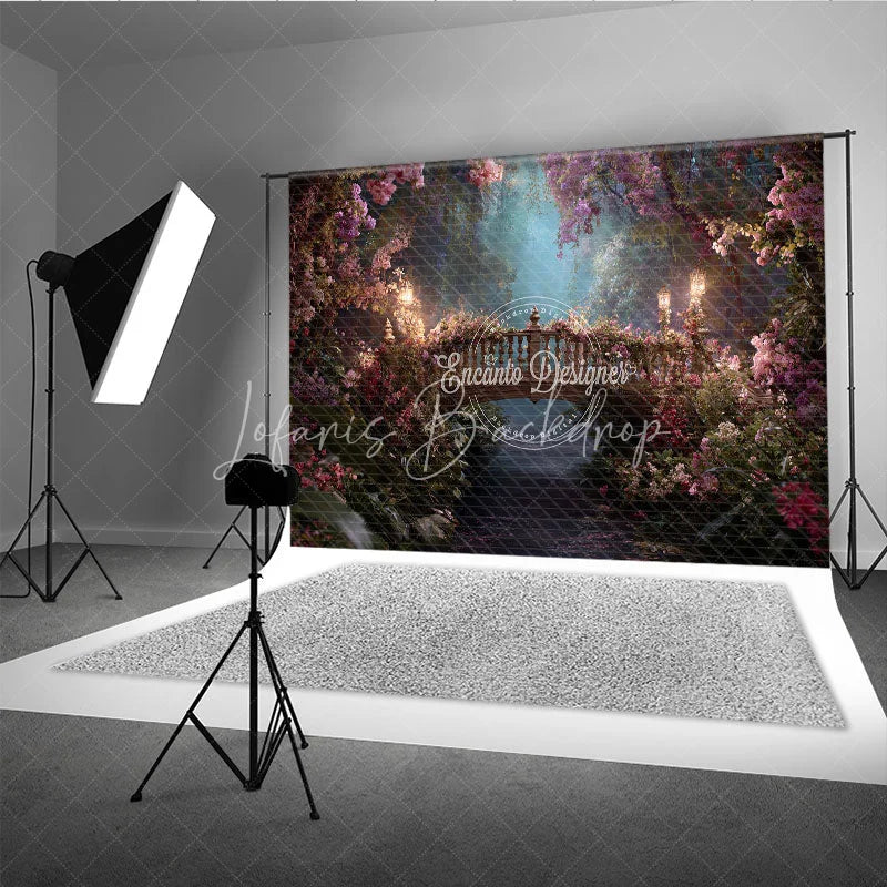 Lofaris Enchanted Forest Floral Bridge Photography Backdrop with Glowing Lanterns Dreamy Misty Path for Fairy Tale Portraits