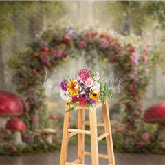 Lofaris Enchanted Forest Photography Backdrop Fairytale Floral Arch with Red Mushrooms Magical Woods Photo Background