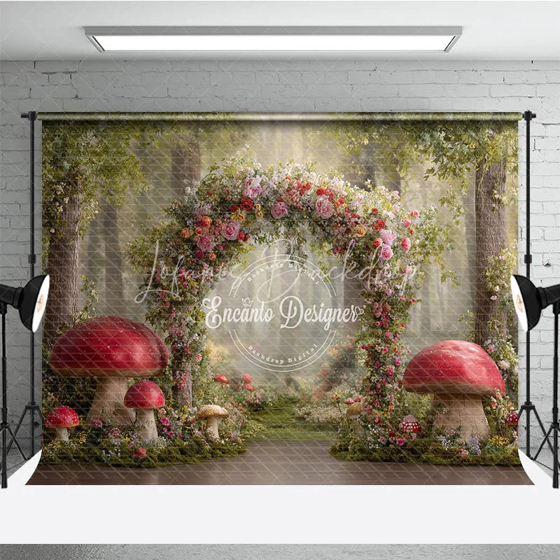 Lofaris Enchanted Forest Photography Backdrop Fairytale Floral Arch with Red Mushrooms Magical Woods Photo Background