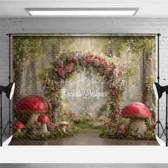 Lofaris Enchanted Forest Photography Backdrop Fairytale Floral Arch with Red Mushrooms Magical Woods Photo Background