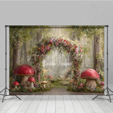 Lofaris Enchanted Forest Photography Backdrop Fairytale Floral Arch with Red Mushrooms Magical Woods Photo Background