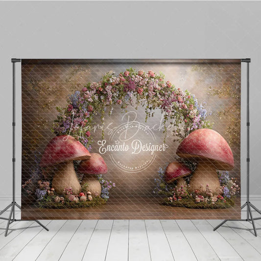 Lofaris Enchanted Forest Photography Backdrop Fairytale Mushroom Arch with Flowers Fine Art Painterly Background
