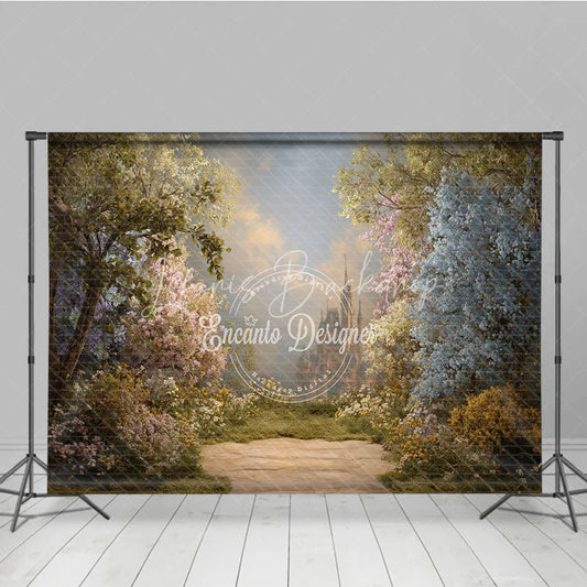 Lofaris Enchanted Forest Photography Backdrop with Fairytale Castle and Blooming Spring Flowers for Magical Princess Party