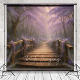 Lofaris Enchanted Forest Photography Backdrop with Wooden Bridge Magical Purple Flowers Fairytale Photo Background