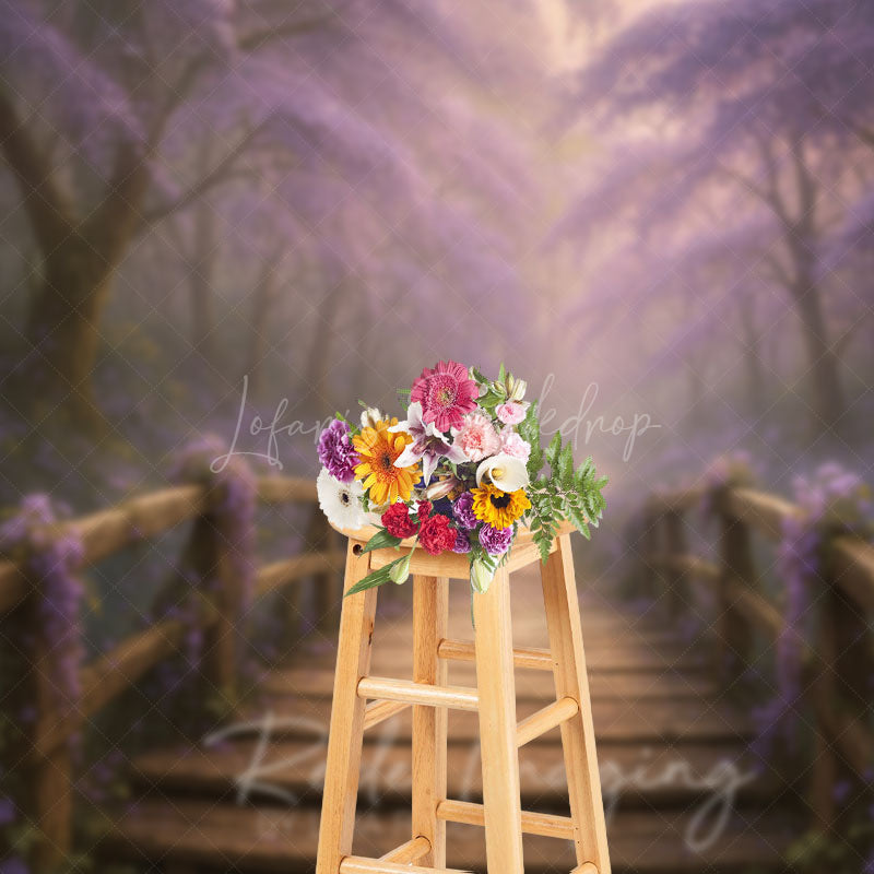 Lofaris Enchanted Forest Photography Backdrop with Wooden Bridge Magical Purple Flowers Fairytale Photo Background