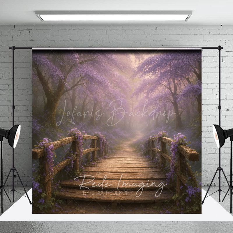 Lofaris Enchanted Forest Photography Backdrop with Wooden Bridge Magical Purple Flowers Fairytale Photo Background