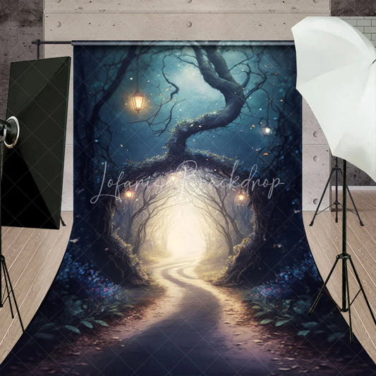Lofaris Enchanted Forest Sweep Backdrop with Winding Path and Glowing Lanterns Ethereal Light Mystical Trees