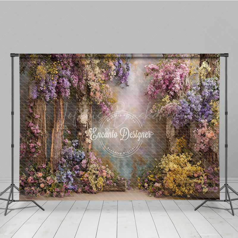 Lofaris Enchanted Forest Wedding Photography Backdrop Rustic Trees with Colorful Flowers Magical Garden Ceremony Prop