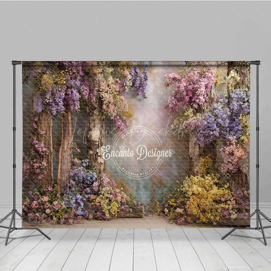 Lofaris Enchanted Forest Wedding Photography Backdrop Rustic Trees with Colorful Flowers Magical Garden Ceremony Prop
