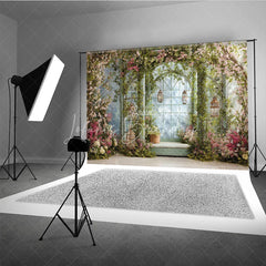 Lofaris Enchanted Garden Archway Photography Backdrop with Pink and White Blossoms Lush Green Vines Hanging Lanterns