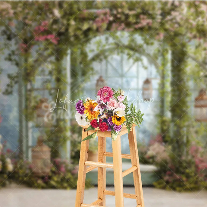Lofaris Enchanted Garden Archway Photography Backdrop with Pink and White Blossoms Lush Green Vines Hanging Lanterns