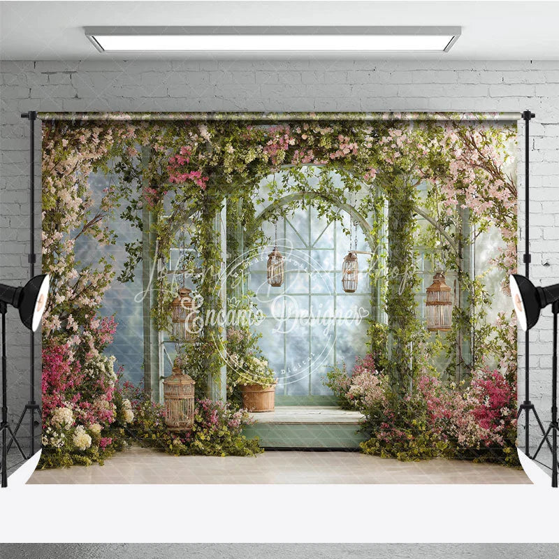 Lofaris Enchanted Garden Archway Photography Backdrop with Pink and White Blossoms Lush Green Vines Hanging Lanterns