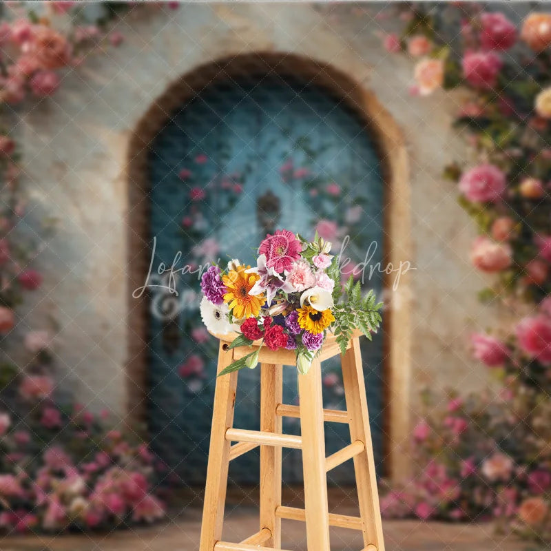 Lofaris Enchanted Garden Door Photography Backdrop Climbing Pink Roses on Blue Fairytale Fine Art Photo Background