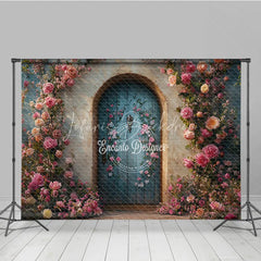 Lofaris Enchanted Garden Door Photography Backdrop Climbing Pink Roses on Blue Fairytale Fine Art Photo Background