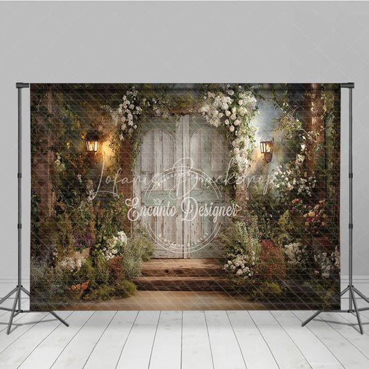 Lofaris Enchanted Garden Door Photography Backdrop with Rustic Wooden Arch and White Floral Decor Vintage Fairy Tale Theme