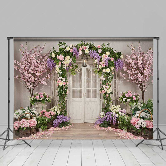 Lofaris Enchanted Garden Doorway Photography Backdrop Spring Floral Arch with Pink Roses Wedding or Bridal Shower Photo Prop