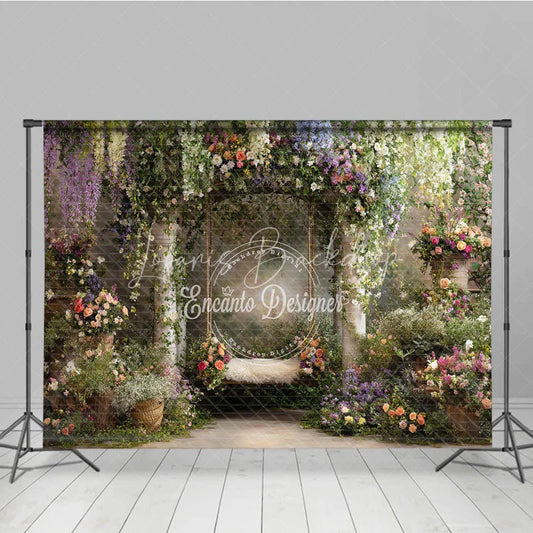 Lofaris Enchanted Garden Floral Archway Photography Backdrop with Rustic Swing and Lush Wisteria Dreamy Portrait Decor