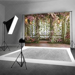 Lofaris Enchanted Garden Floral Photography Backdrop with Greenery and Lanterns Romantic Wedding Party Portrait Decor