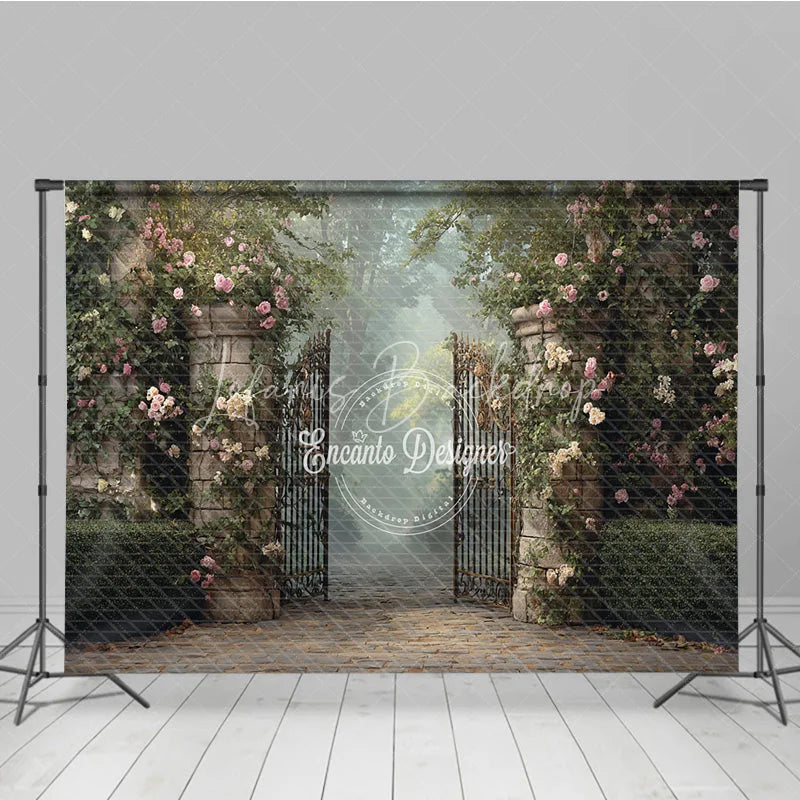 Lofaris Enchanted Garden Gate Backdrop Cobblestone Path with Iron Pink Rose Floral Photography Background Prop