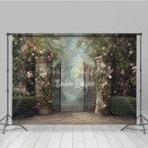 Lofaris Enchanted Garden Gate Backdrop Cobblestone Path with Iron Pink Rose Floral Photography Background Prop